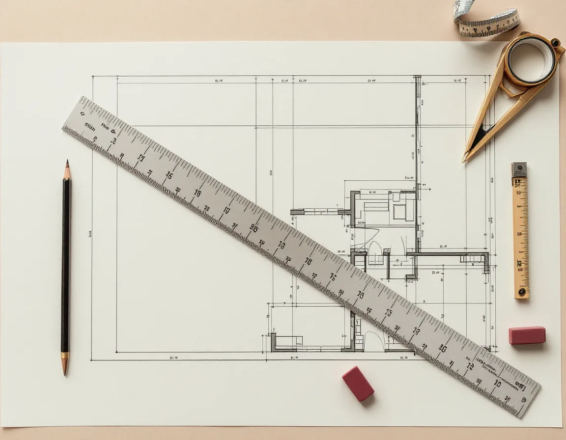 Overhead view of a hand-sketched floor plan on graph paper with a tape measure, architect's scale, pencil and brass compass